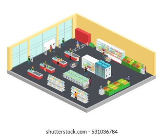 Composição isométrica de supermercado com símbolos de alimentos e bebidas ilustração vetorial