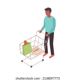 Supermarket isometric composition with isolated character of visitor with trolley cart on blank background vector illustration