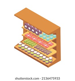 Supermarket isometric composition with isolated image of cabinet with sweets in cabinet on blank background vector illustration