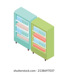 Composición isométrica de supermercado con imagen aislada del gabinete de frigorífico con paquetes de cartón ilustración vectorial