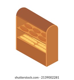 Supermarket isometric composition with isolated image of wooden shelves with bread and pastry vector illustration