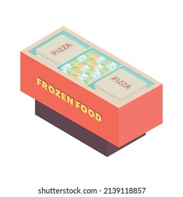 Supermarket isometric composition with isolated image of fridge with frozen pizza and icecream vector illustration