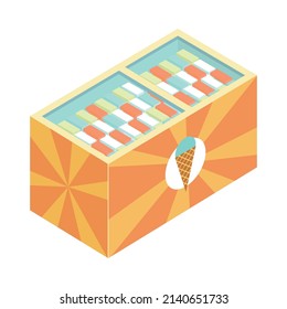 Supermarket isometric composition with isolated image of cabinet fridge with ice cream products vector illustration
