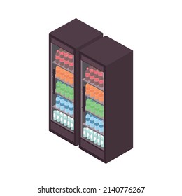 Supermarket isometric composition with isolated image of cabinet fridge with bottles of beverage drinks vector illustration