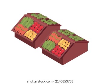 Supermarket isometric composition with isolated image of fruits on shelves on blank background vector illustration