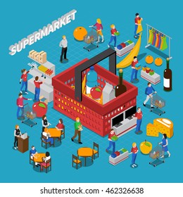 Supermarket isometric concept composition with people and basket vector illustration