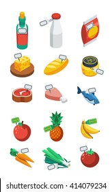 Supermarket isometric decorative isolated flat icons of food with price labels  vector illustration