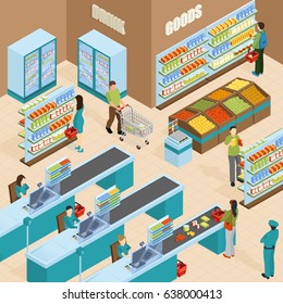 Supermarket isometric design concept with shelves filled by products buyers and cashiers vector illustration