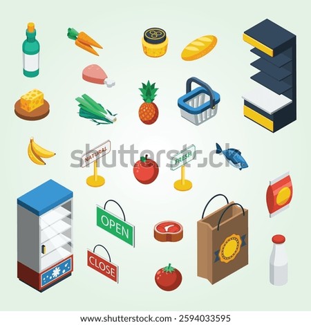 Supermarket Isometric Icon Set modern sell vegetable quality organic supply distribution