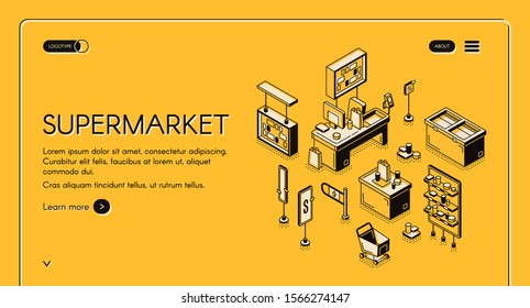 isometrische Landungsseite des Supermarkts. Leere Ladeninnern mit Produktion auf Regalen, Kassenschalter, Einkaufswagen und Taschen zum Kauf, Eingangstor. 3D-Vektorillustration-Kunstillustration, Webbanner