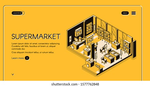 Supermarket isometric landing page. Empty store interior with production on shelves, cashier desk, shopping trolleys and bags for purchasing, entrance gate. 3d vector line art illustration, web banner