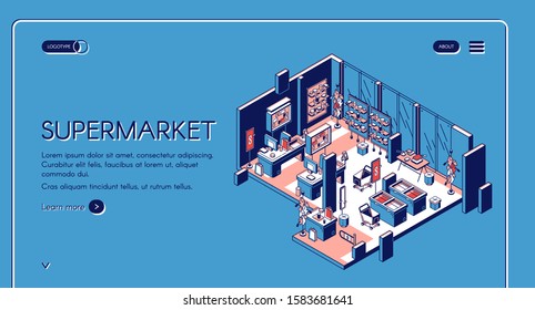 Supermarket isometric landing page. Empty store interior with production on shelves, cashier desk, shopping trolleys and bags for purchasing, entrance gate. 3d vector line art illustration, web banner