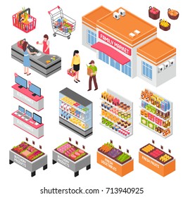 Supermarket isometric set with food and electronics symbols isolated vector illustration