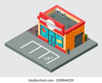 Supermarket isometric vector building isolated shop mall city supermarket building design. Urban business construction design. Red kiosk with parking zone isolated