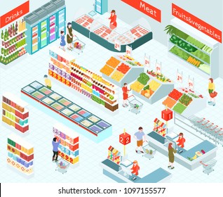 Supermarket isometric vector illustration of trading hall interior with buyers in meet drinks vegetables and fruits sections  