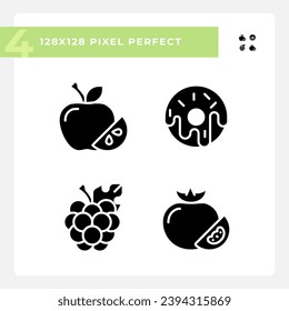 Supermarket items pixel perfect black glyph icons set on white space. Eating habits. Grocery list. Vegetarian food. Silhouette symbols. Solid pictogram pack. Vector isolated illustration