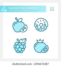 Supermercado ítems píxel perfecto color azul RGB iconos conjunto. Comer hábitos. Lista de compras. Comida vegetariana. Ilustraciones vectoriales aisladas. Colección de planos de línea simple rellena. Trazo editable