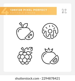 Supermercado ítems píxel perfecto juego de iconos lineales. Comer hábitos. Lista de compras. Comida vegetariana. Símbolos de línea delgada personalizables. Ilustraciones aisladas del contorno vectorial. Trazo editable