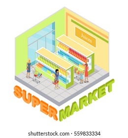 Supermarket juices department interior in isometric projection. Customers choosing goods in grocery store trading hall vector illustration. Daily products shopping concept isolated on white background