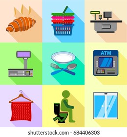 Supermarket labels icons set, flat style