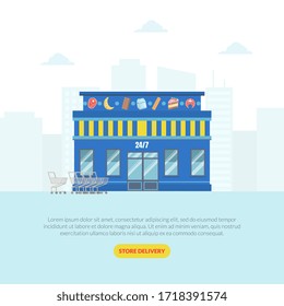 Supermarket Landing Page Template, Store Delivery Web Page, Mobile App Vector Illustration