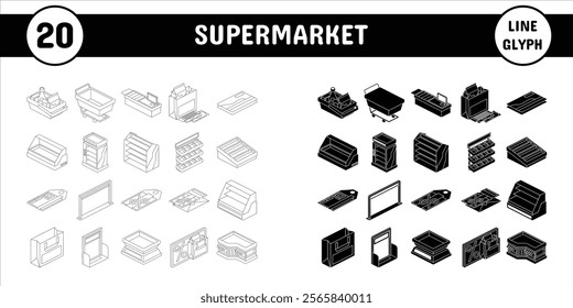 Supermarket Line Glyph Vector Illustration Icon Sticker Set Design Materials