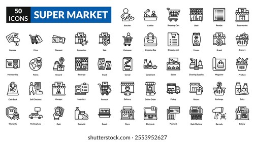 Supermarket line icon collection set.  Includes grocery, shopping cart, food, store, basket, cashier, checkout, produce, market, aisle, sale, discount, items, packaging, payment