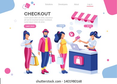 Supermarket, Line Waiting Images, Buyer Basket Checkout, Retail. Woman, Customer Purchase, Cashbox Buy. Web Banner, Infographics. Flat Isometric Illustration Isolated on White Background