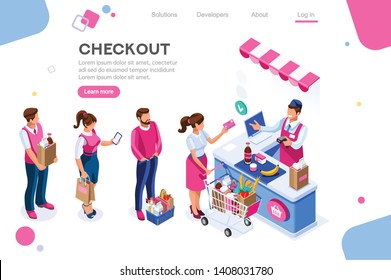 Supermarket, Line Waiting Images, Buyer Basket Checkout, Retail. Woman, Customer Purchase, Cashbox Buy. Web Banner, Infographics. Flat Isometric Illustration Isolated on White Background