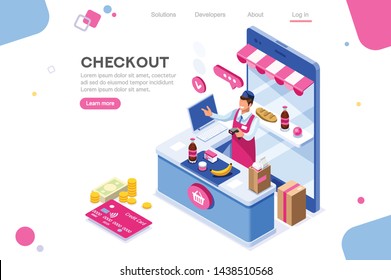 Supermarket, Line Waiting Images, Buyer Basket Checkout, Retail. Woman, Customer Purchase, Cashbox Buy. Web Banner, Infographics. Flat Isometric Illustration Isolated on White Background