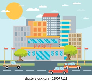Supermarket or local store and cityscape background. Flat isolated vector illustration.