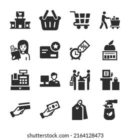 Supermarket, mall icons set. The customer buys goods in the store. The buyer and the seller. The prices of food, cashier, cash register. Monochrome black and white icon.