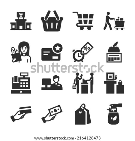 Supermarket, mall icons set. The customer buys goods in the store. The buyer and the seller. The prices of food, cashier, cash register. Monochrome black and white icon.