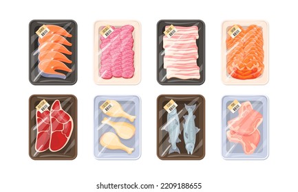 Supermarket meat package. Packed fish or frozen beef in polyethylene plastic container storage store food, beef bacon pork sausage tray butchery product, vector illustration of package supermarket