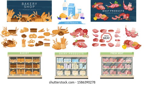 Supermarket meat store set bundle Vector flat style. Shopping food products. Sales template banners