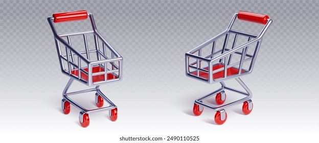 Supermarkt-Warenkorb-Wagen aus Metall mit roten Kunststoff-Elementen in zwei Blickwinkeln auf durchsichtigem Hintergrund. Realistisches 3D-Vektorgrafik-Set aus leerem Shop Lebensmittelkorb. Einzelhandel kaufen Tasche Box auf Rädern.