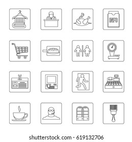 Supermarket navigation icons set. Outline illustration of 16 supermarket navigation vector icons for web