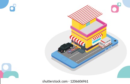 Supermarket on isometric smartphone screen on abstract white background for Online shopping concept. 
