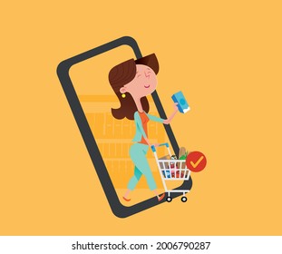 Supermarket on line. Supermarket App. Woman coming out smartphone