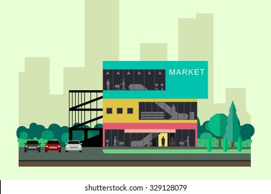 Supermarket on the roadside. Store banner in flat style. Vector illustration.