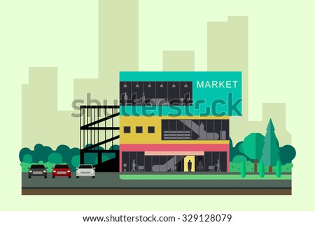 Supermarket on the roadside. Store banner in flat style. Vector illustration.