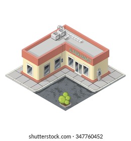 Supermarket on the roadside. Vector isometric supermarket building icon