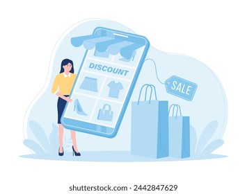 Supermarket online shop with characters carrying cellphones trending concept flat illustration