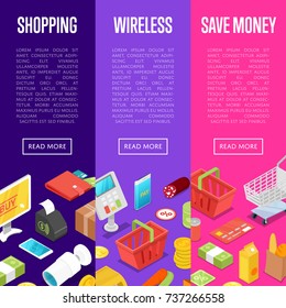 Supermarket online shopping isometric posters. Save money retail proposition. Money, credit card, payment terminal, shopping basket, cardboard box, trolley cart, smartphone vector illustrations.