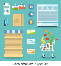 Supermarket online website concept with food assortment, opening hours and payment options icons illustration vector