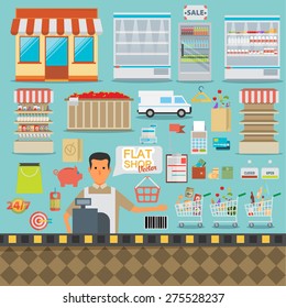 Supermarket Online Website Concept With Food Assortment, Opening Hours And Payment Options Icons Illustration Vector