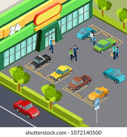 Supermarket opened around the clock and car parking near shop building isometric top view vector illustration 