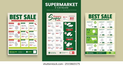 Modelo de pacote de folheto de catálogo de venda de produtos orgânicos de supermercado. Panfleto de supermercado com descontos. Banner de layout minimalista para catálogo de preços de produtos de supermercado