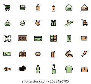 Supermarket outline filled icons set, vector illustration image