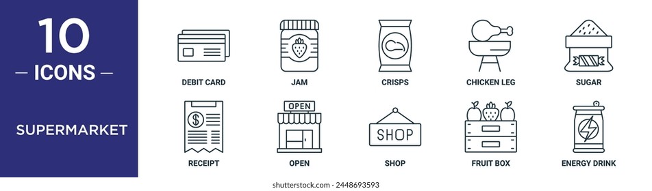 supermarket outline icon set includes thin line debit card, jam, crisps, chicken leg, sugar, receipt, open icons for report, presentation, diagram, web design